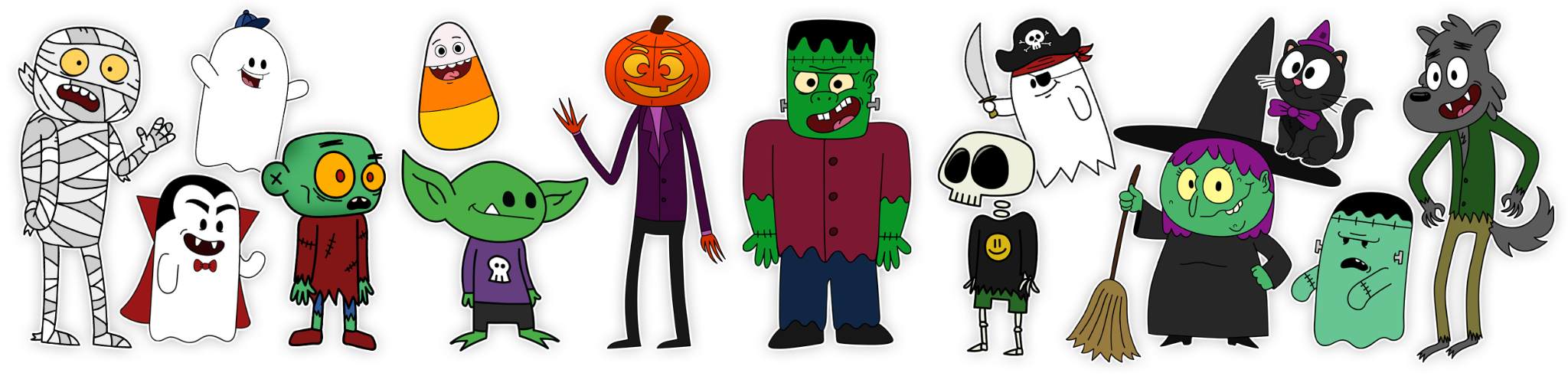 Kevin Coulston’s Halloween cartoon characters including a mummy, ghosts, pumpkin, witch and werewolf