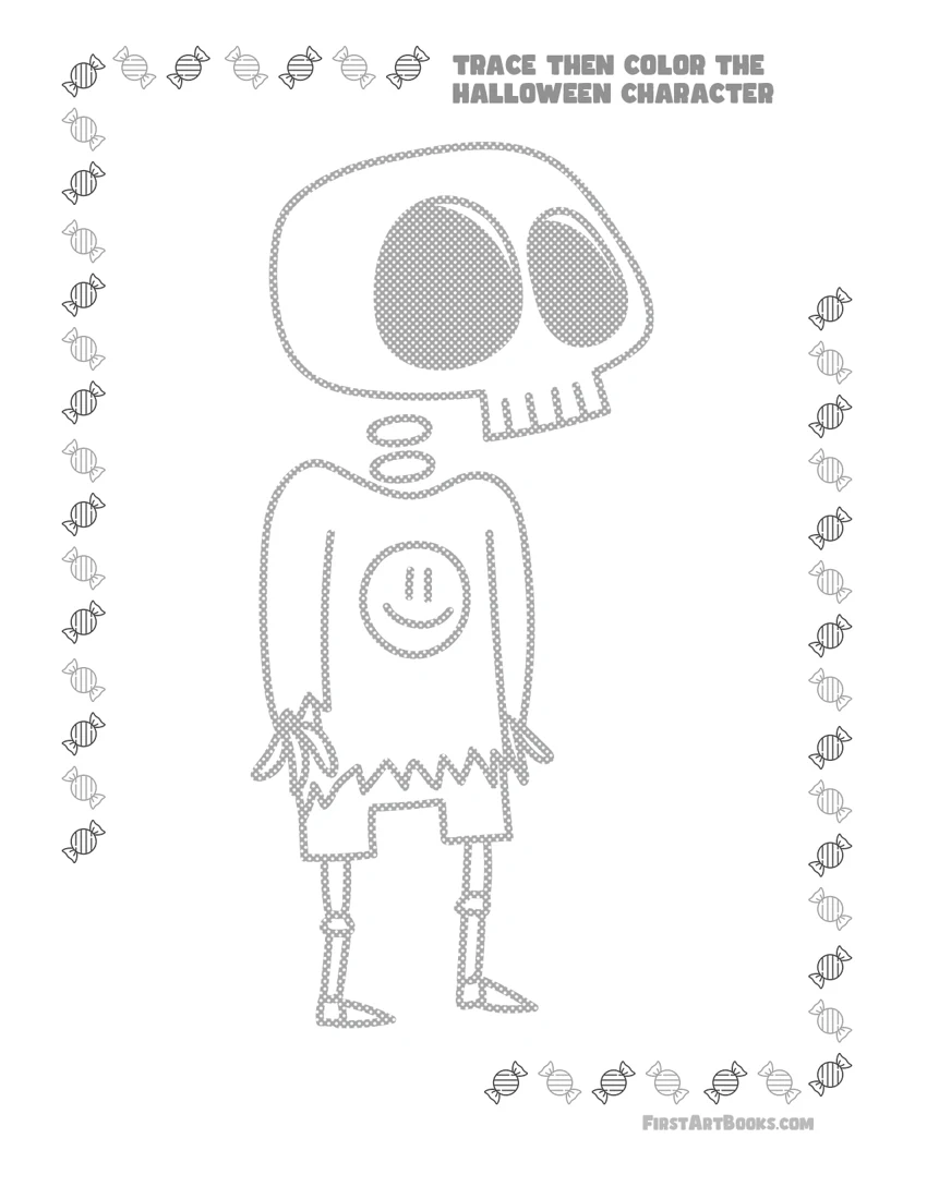 Cartoon Skeleton Tracing and Coloring Page printable preview