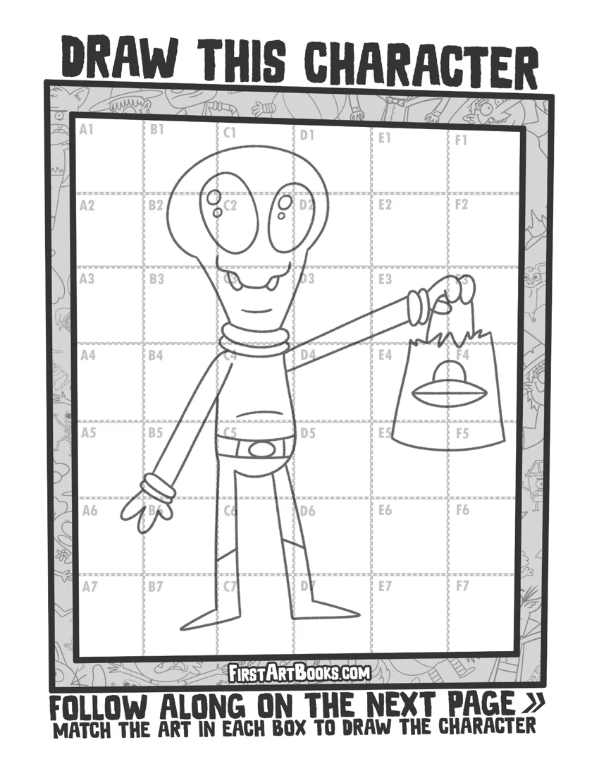 Skull-Headed Character Grid Drawing printable preview