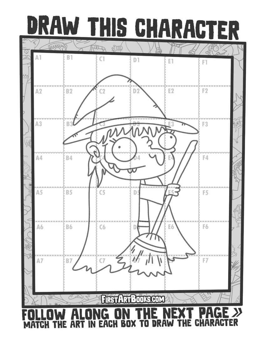 Cartoon Witch Grid Drawing printable preview